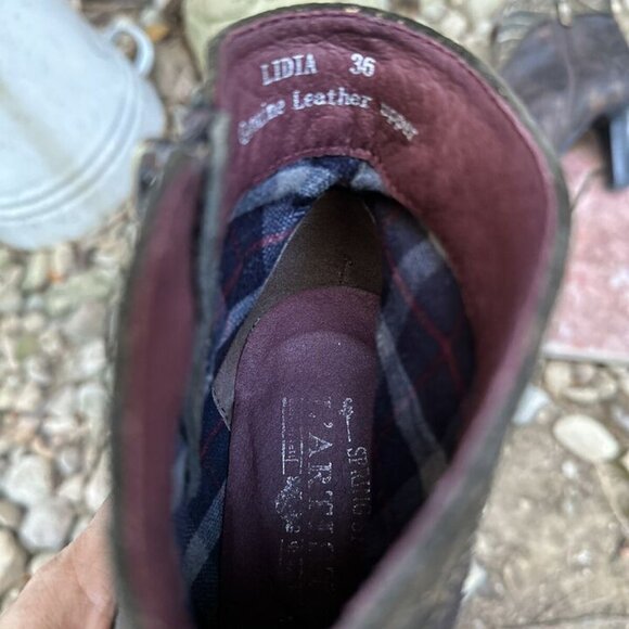 L'Artiste by Spring Step Sz 36/5.5 US Lidia Brown/Gold Embossed Heels Ankle Boot - Picture 4 of 9